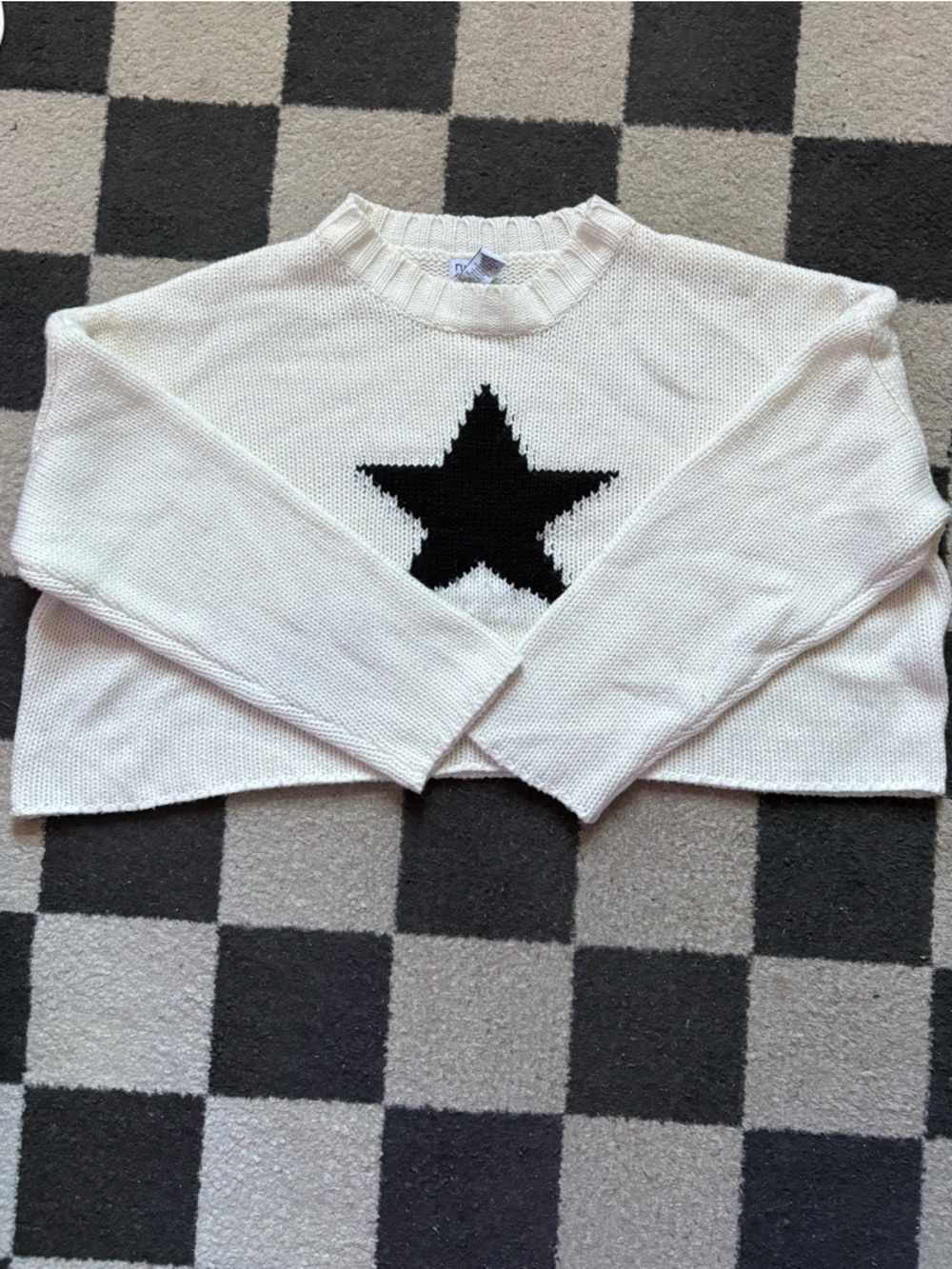 White Knit Sweater with Black Star Accent
